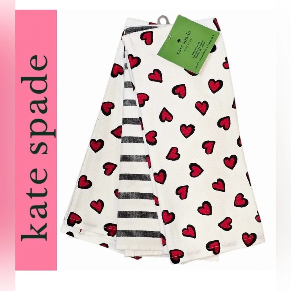 NWT Kate Spade New York Kitchen Towels White Red Hearts Set of 3
